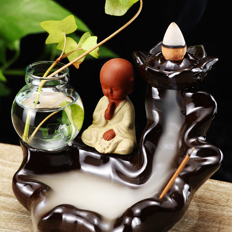 Ceramic Backflow Cone Holder Incense Burner Monk Smoke Buddhist Scents + Glass Pot