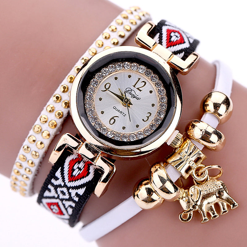 DUOYA XR1889 Fashionable Gold Elephant Ladies Bracelet Watch Leather Strap Quartz Watches