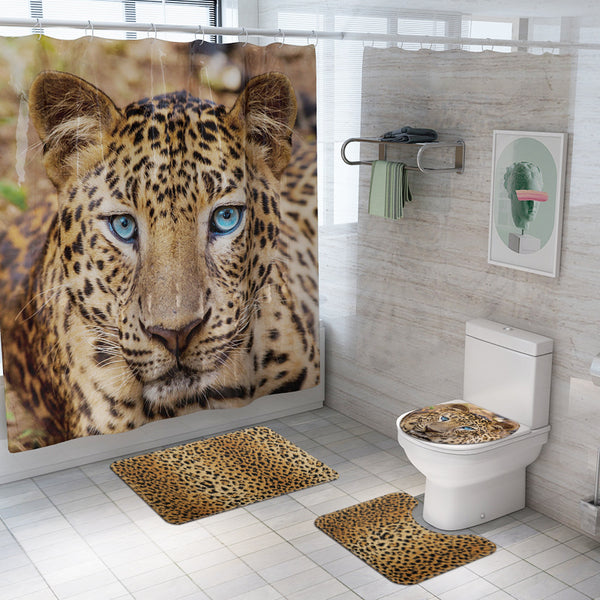 Honana 4PCS Bathroom Waterproof Shower Curtain Animal Leopard PatternToilet Seat Cover Pedestal Rug Bath Mat Bathroom Decor