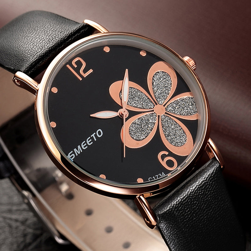 SMEETO C1734 Women Quartz Watch Fashion Flower Patten Simple Dial Leather Strap Wristwatch