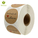 Mrosaa 500pcs/roll 1 Inch Round Kraft Paper Sticky Notes Hand Made With Love With Red Heart Stickers Paper Stationery School Supply