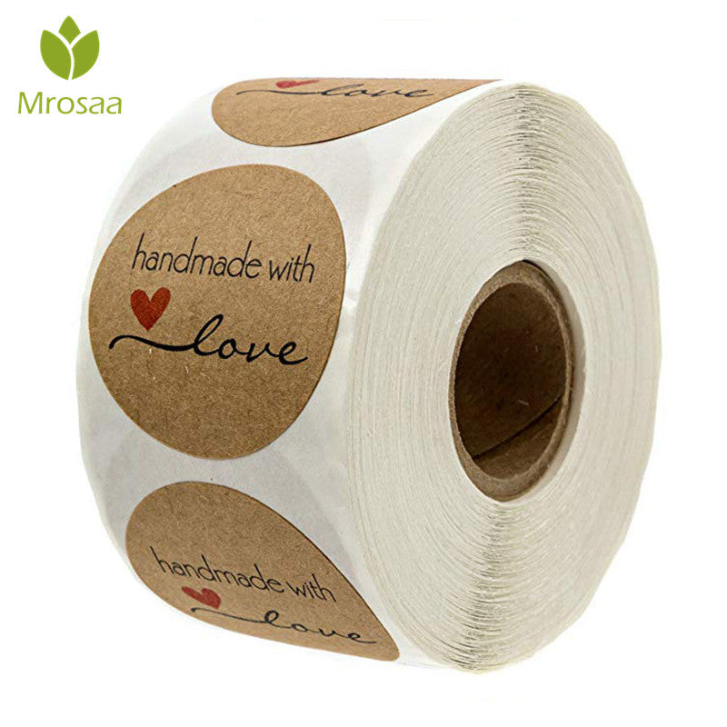 Mrosaa 500pcs/roll 1 Inch Round Kraft Paper Sticky Notes Hand Made With Love With Red Heart Stickers Paper Stationery School Supply