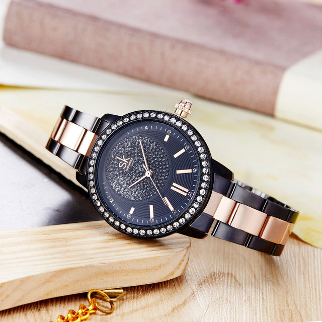 SKENGKE SK K0075 Fashion Women Crystal Ladies Dress Stainless Steel Quartz Watch