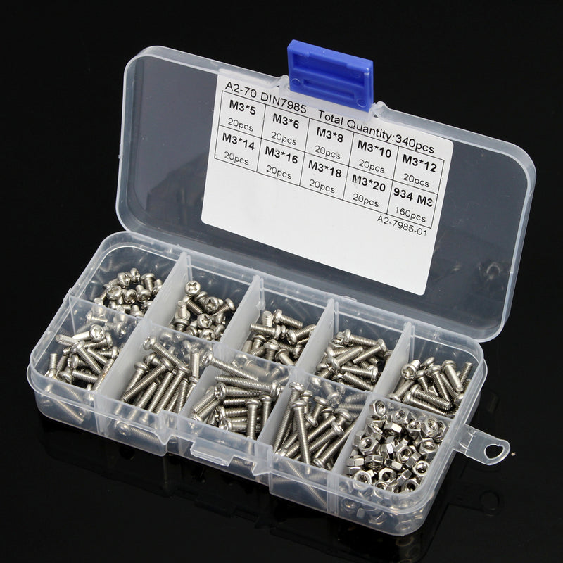 340Pcs M3 304 Stainless Steel Cross-head Set Screw Bolts & Hex Nuts Assortment Kit