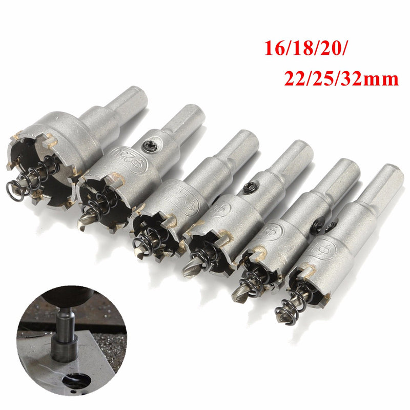 6pcs 16/18/20/22/25/32mm Steel Carbide Tipped Drill Bit Set 16-32mm Metal Hole Saw Alloy Cutter