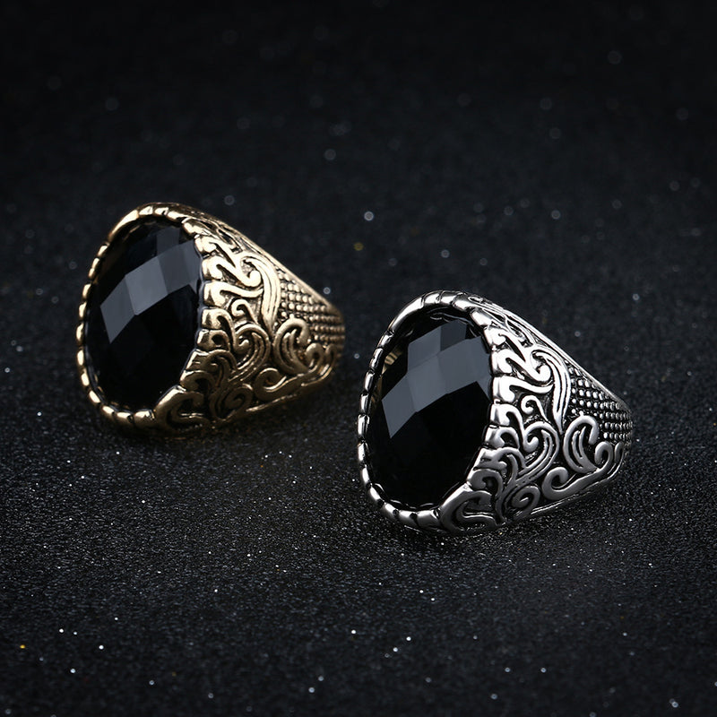Retro Classic Black Gem Jewelry Exquisite Carved Totem Geometry Men Ring