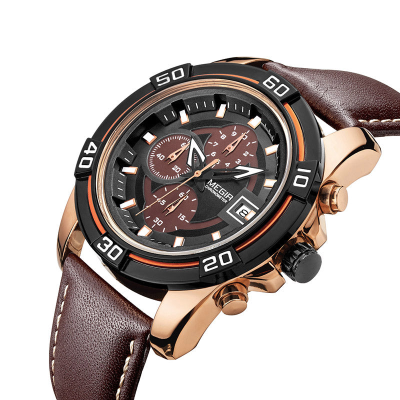 MEGIR 2023 Men Watch Luxury Leather Strap Chronograph Casual Male Quartz Wrist Watch