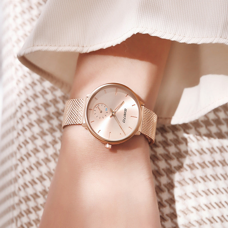 GIMTO GM270 Simple Two-pin Design Dial Rose Gold Mesh Steel Strap Fashion Women Quartz Watch