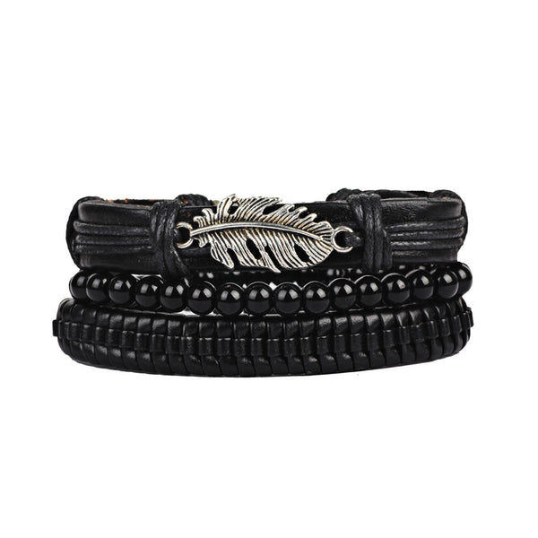 3Pcs/Set Punk Black Multilayer Woven Leather Bracelet Leaf Charm Beaded Bracelets for Men