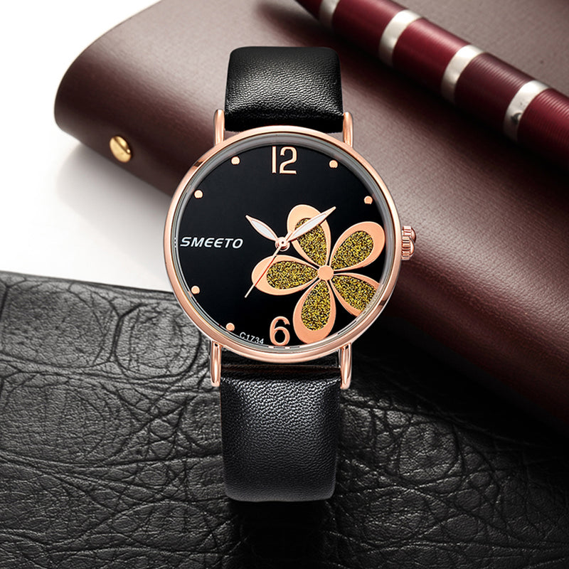 SMEETO C1734 Women Quartz Watch Fashion Flower Patten Simple Dial Leather Strap Wristwatch