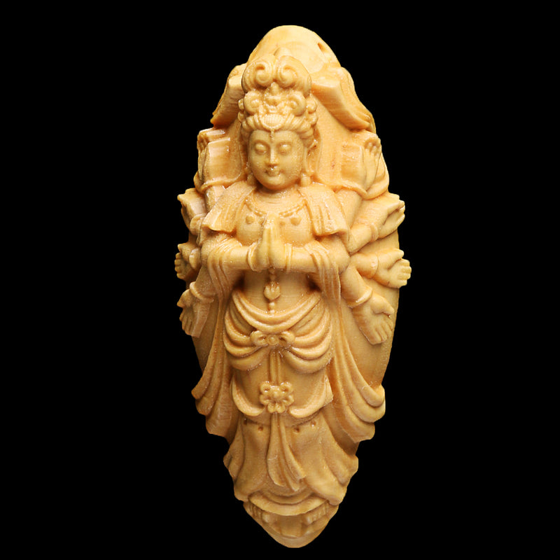 Boxwood Wood Carving Kwan-yin Statue Bodhisattva Sculpture Pendant