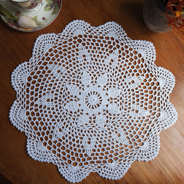 37cm Round White Pure Cotton Yarn Hand Crochet Lace Doily Placemat Tablecloth Decor