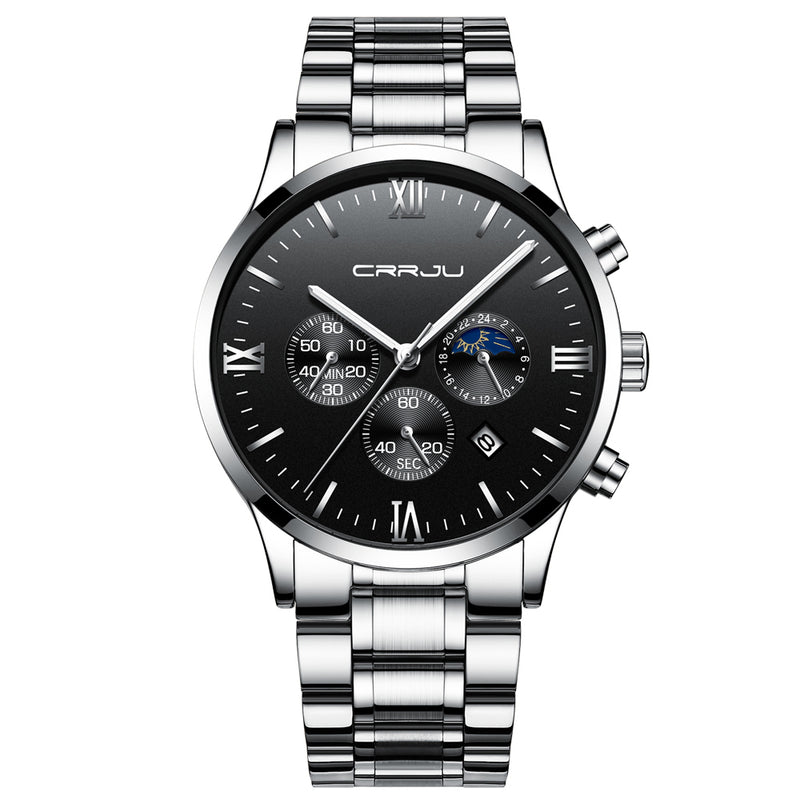 CRRJU 2159 Creative Sun Moon Men Business Style Chrono 316L Stainless Steel Strap Quartz Watch