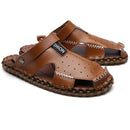 R493 Men Outdoor Summer Leather Casual Round Toe Flat Soft Beach Slipper Sport Dad Shoes Sandals
