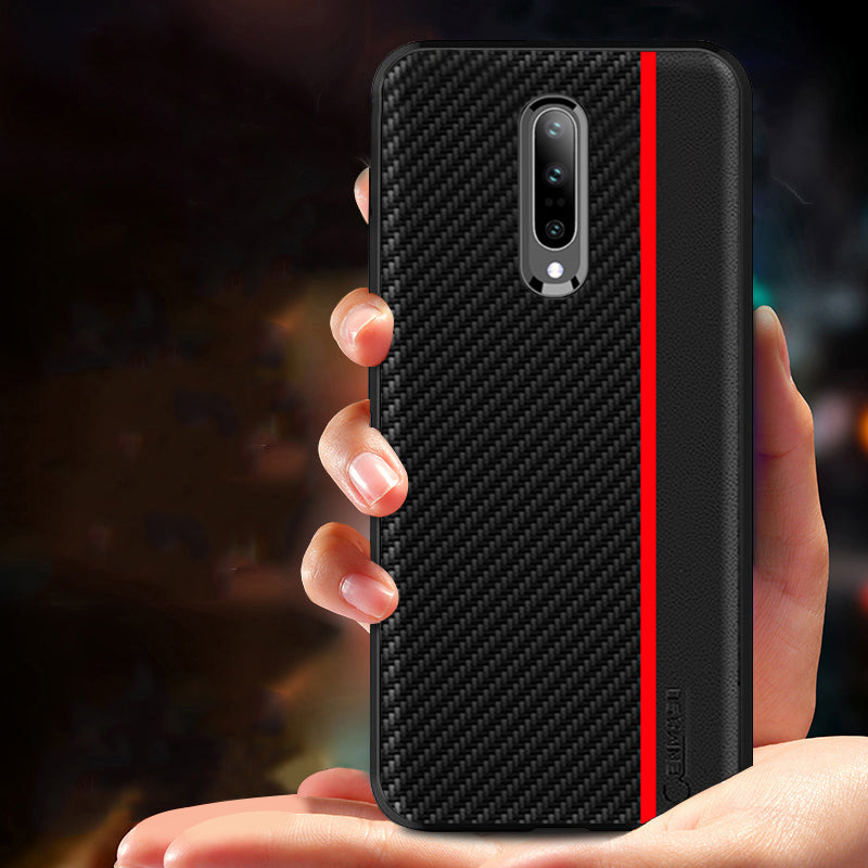 Bakeey Shockproof Carbon Fiber Soft Silicone Edge PU Leather Protective Case for OnePlus 7 Pro