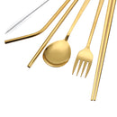 Golden Stainless Steel Spoon Fork Straw Set Chopsticks with Cleaning Brush