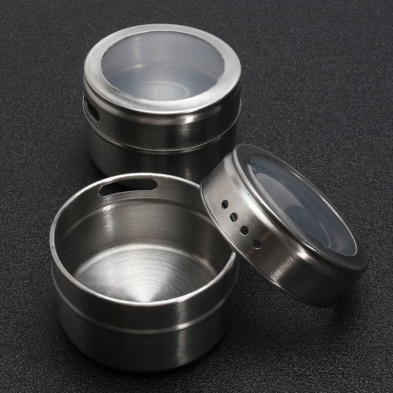 12Pcs Stainless Steel Magnetic Spice Tin Kitchen Storage Container Jars Clear Lid