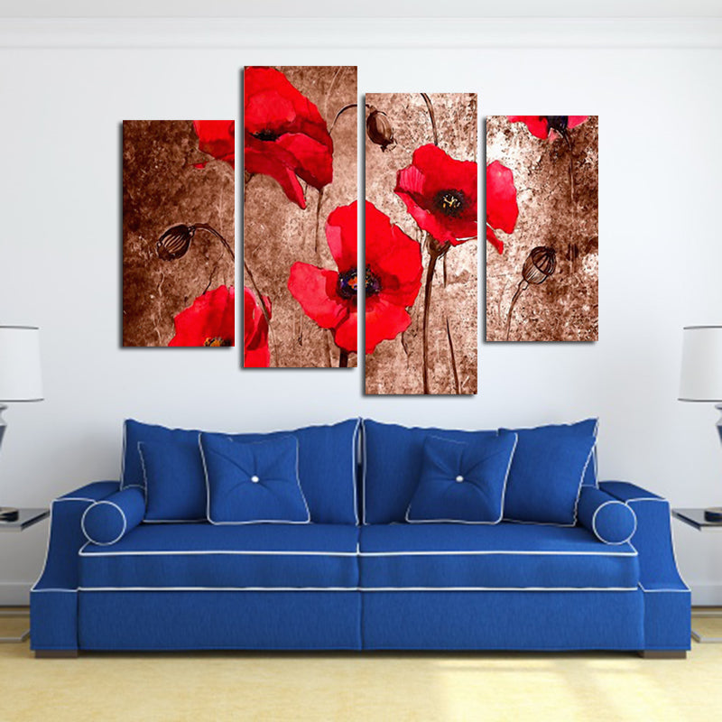 Miico Hand Painted Four Combination Decorative Paintings Red Flowers Wall Art For Home Decoration