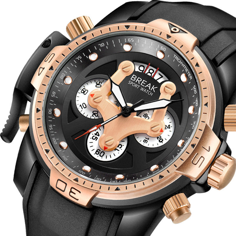 BREAK 5601 Multifunction Men Watch Military Style Rubber Strap Quartz Movement Watch