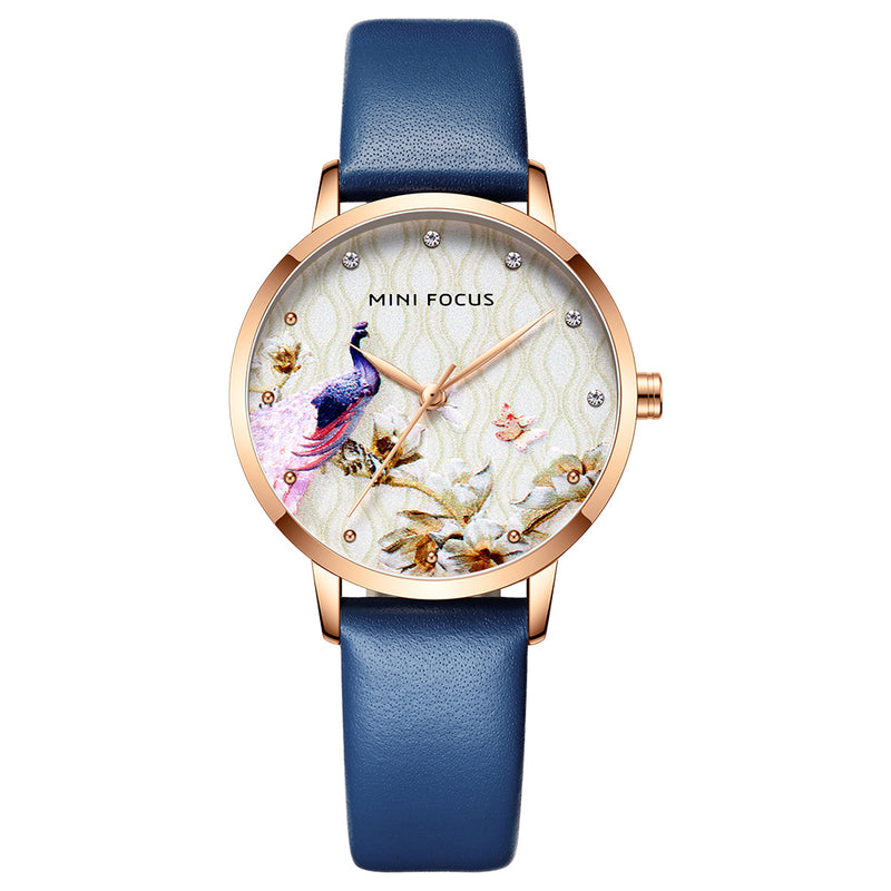 MINI FOCUS MF0330L Fashion Women Peacock Flower Pattern Genuine Leather Quartz Watch