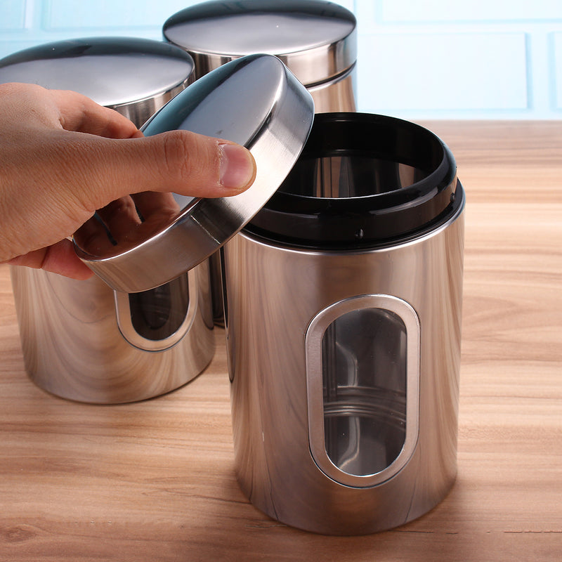 3Pcs Stainless Steel Tea Coffee Sugar Canisters Kitchen Storage Container