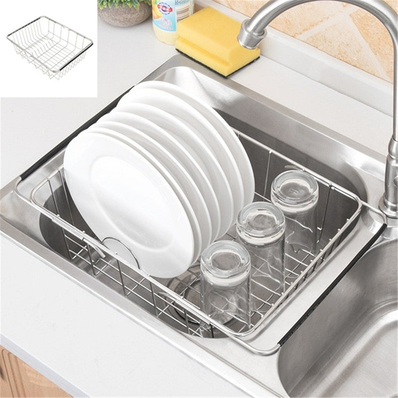 Adjustable Over Sink Dish Drying Rack Stainless Steel Kitchen Storage Organizer