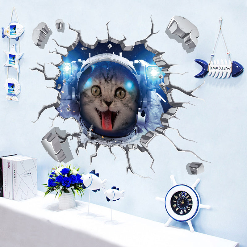 Miico Creative 3D Space Astronaut Cat Broken Wall PVC Removable Home Room Decor Sticker