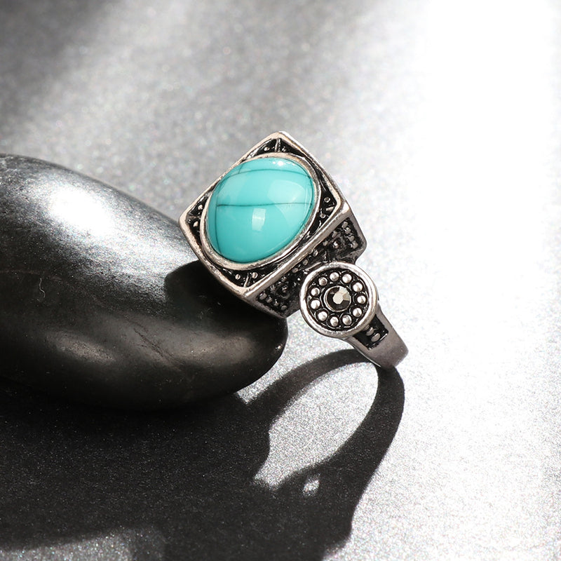 Fashion Blue Turquoise Crystal Finger Ring Geometric Antique Silver Rings Ethnic Jewelry
