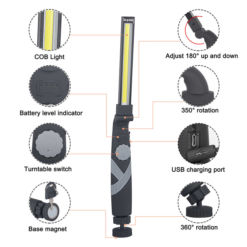 XANES ZY12 360Degree Rotation Folding USB Rechargeable COB Emergency Worklight with Magnetic Flashlight Work Light