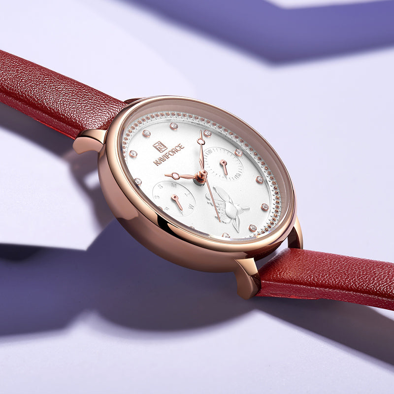 NAVIFORCE 5003 Diamonds Elegant Design Ladies Wrist Watch Genuine Leather Strap Quartz Watch