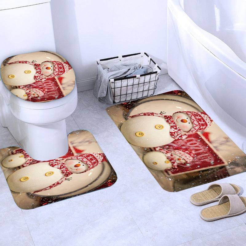 4Pcs Christmas Bathroom Non-Slip Rug+Lid Toilet Covers Bath Mat+Shower Curtain