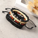 Vintage Leather Bracelet Weave Braided Multilayer Adjustable Wood Beaded Bracelet for Men