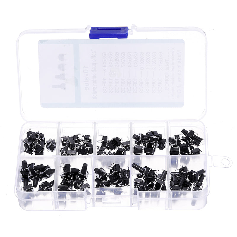 100pcs 10 Models 6x6 Tact Switch Tactile Push Button Switch Kit Height 4.3MM-13MM DIP 4P Micro Switch 6x6 Key Switch