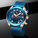 CRRJU 2219 Men Chronograph Luminous Display Full Steel Strap Fashion Blue Dial Quartz Watch