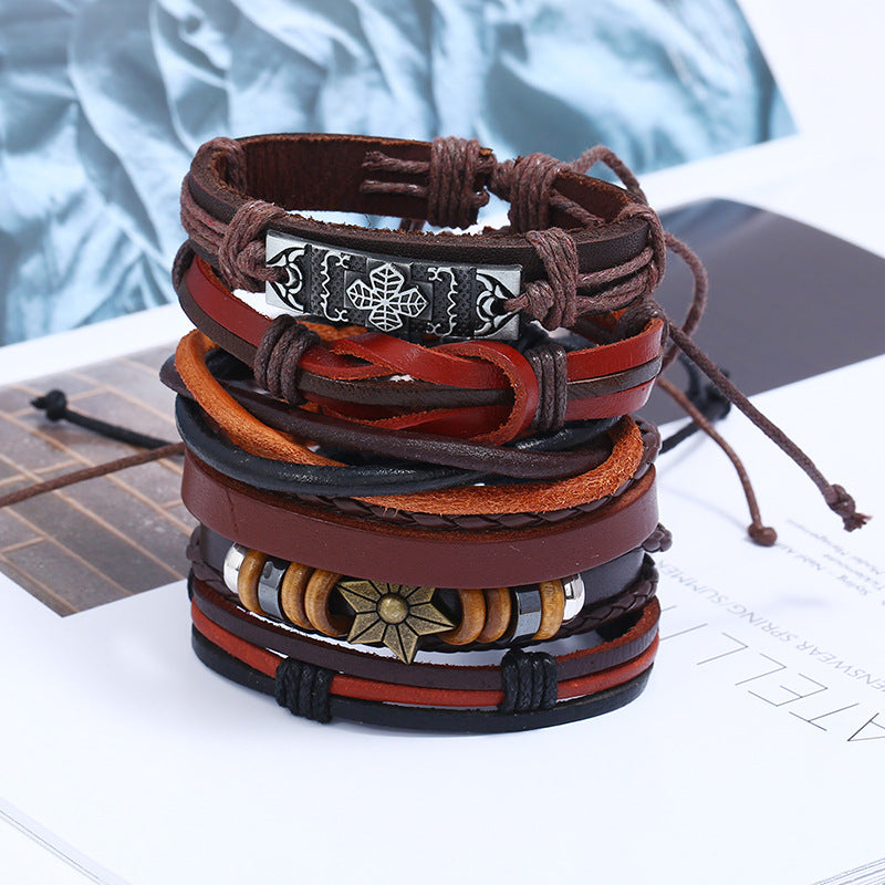 6Pcs Punk Retro Personality Cowhide Diy Woven Multi-layer Bracelet
