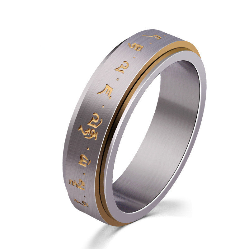 Men's Rotatable Ring Titanium Steel Buddhist Gold Tone Mantra Pattern Spinner Lucky Ring