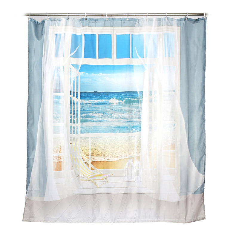 4PCS Bathroom Window Shower Curtain Set Beach Print Patent Prints Polyester