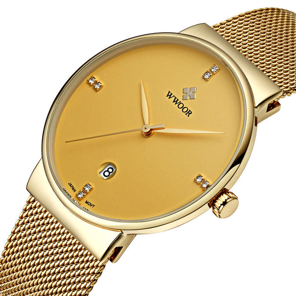 WWOOR 8018 Business Style Mesh Steel Band Men Wrist Watch Date Display Quartz Watch