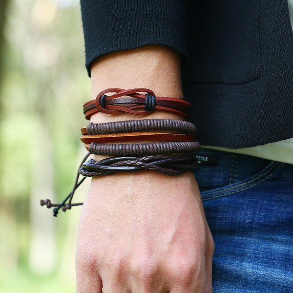 Retro Woven Multilayer Bracelet Soft Leather 6 Pieces Bracelet Set Vintage Men Bracelet