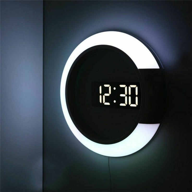 3D Led Digital Alarm Wall Clock Mirror Hollow Nightlight Living Room Decor