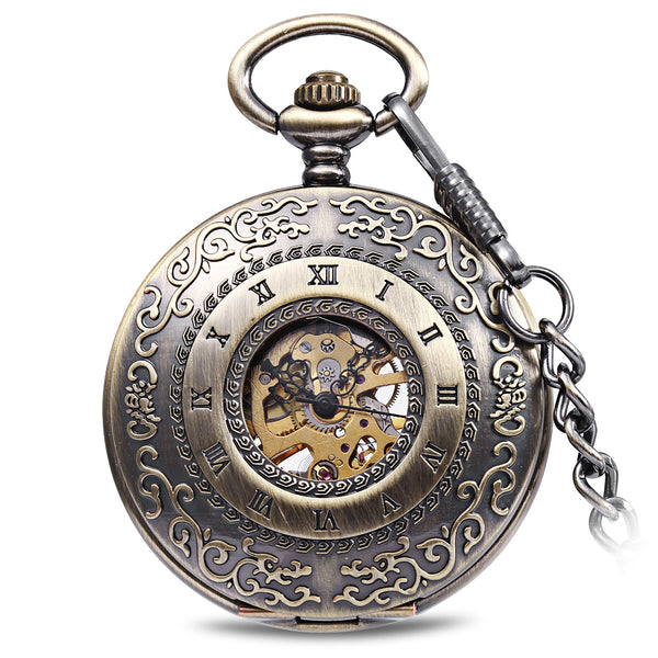 JIJIA JX009 Carved Flower Cover Hollow Cover Alloy Bronze Mechanical Pocket Watch