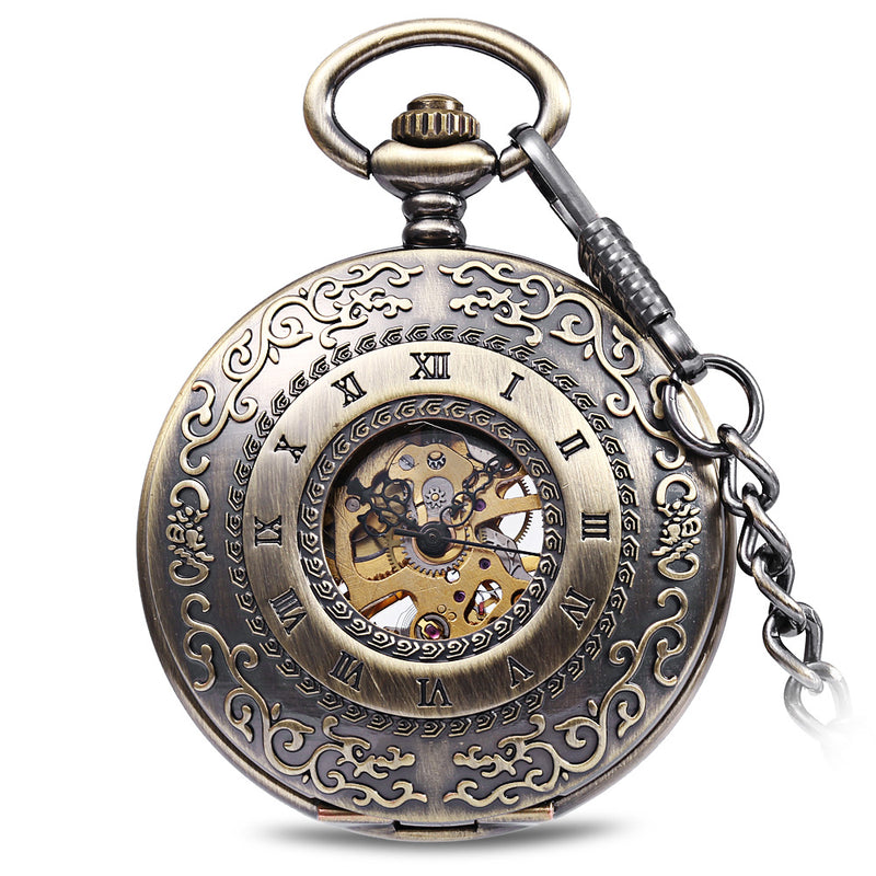 JIJIA JX009 Carved Flower Cover Hollow Cover Alloy Bronze Mechanical Pocket Watch