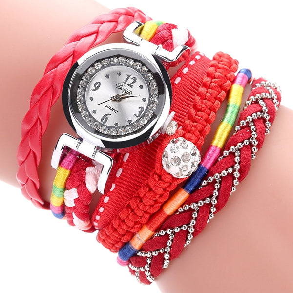 DUOYA DY080 Fashionable Fine Leather Band Winding Ladies Bracelet Watch Braided Quartz Watches