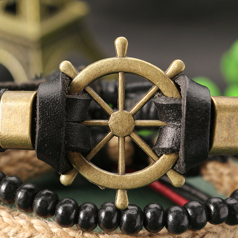 Punk Multilayer Hand Woven Bracelet Rudder Boat Anchor Beaded Bracelet Unisex Wholesale