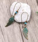 Bohemian Blue Green Feather Shape Dangle Earring Flower Leaf Carving Silver Earrings for Women