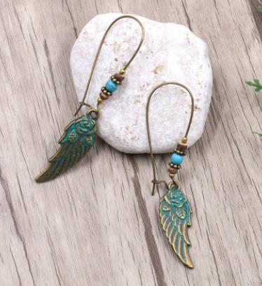 Bohemian Blue Green Feather Shape Dangle Earring Flower Leaf Carving Silver Earrings for Women