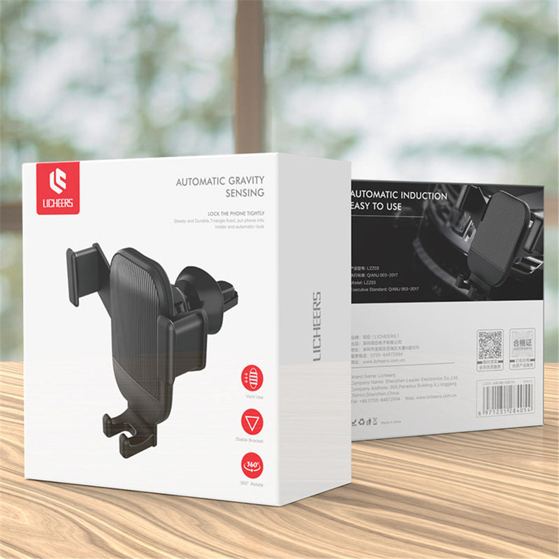 Licheers Gravity Linkage Auto Lock 360 Degree Rotation Car Outlet Holder Mount for Samsung Xiaomi Mobile Phone