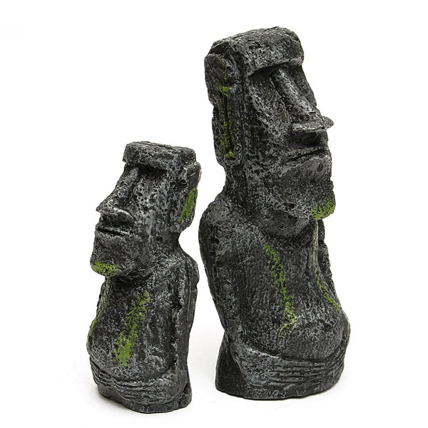 2PCS Resin Easter Island Statues Set Fish Tank Ornament Aquarium Decoration