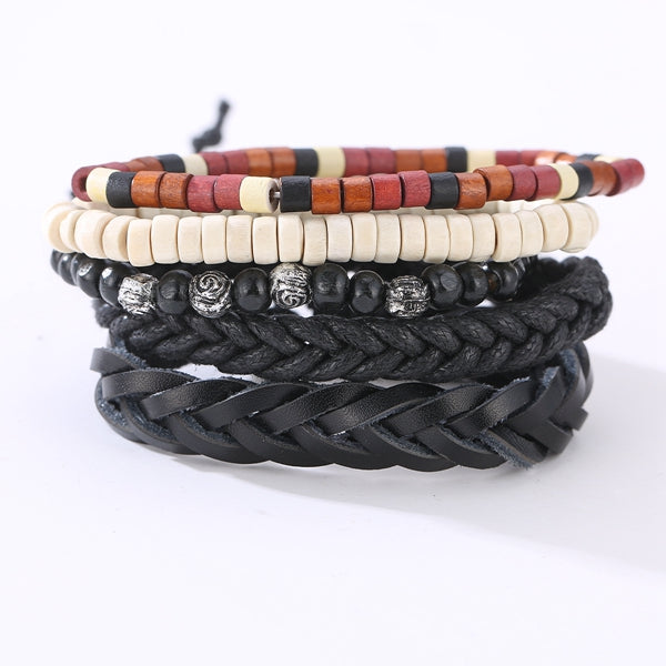 Vintage Leather Bracelet Weave Braided Multilayer Adjustable Wood Beaded Bracelet for Men