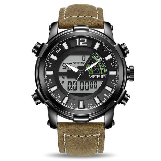 MEGIR 2089 Military Sport Style LED Chronograph Luminous Dual Display Digital Watch Leather Men Wrist Watch